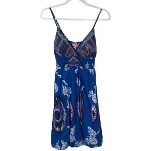 Vtg Blue Ikat Floral Sundress Babydoll Cotton Womens M Y2K Boho Fairy Bubble Hem